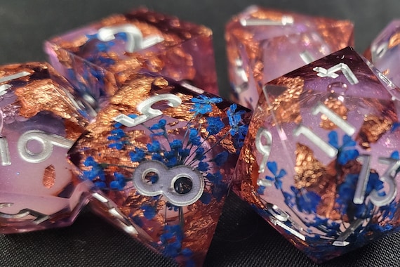 Faerie Spring | Liquid Core Dice Set ~ Pink, Blue Flowers & Glitter ~ TTRPG Dice