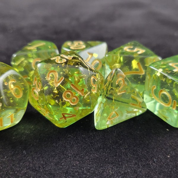 Faerie Moss | Resin Dice Set ~ Transparent Green ~ Gold Flakes