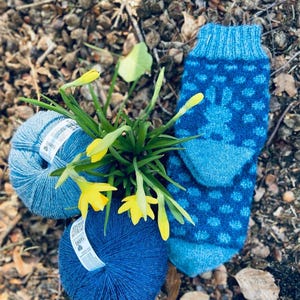 May include: Two skeins of blue yarn with white labels that say "Yarn" and "Shirya". The yarn is next to a pair of blue knitted socks with a white bunny pattern.