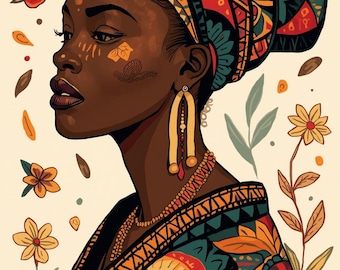 African Woman Art Print | Colorful Portrait | Modern Ethnic Wall Art | Printable Wall Decor | Digital Download | Framed Art Ready