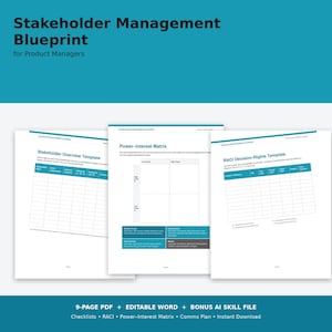 Stakeholder Management Template PDF | Product Manager Toolkit, RACI Matrix, Power Interest Grid, Comms Plan + Bonus AI Skill File