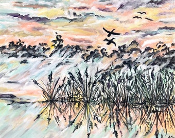 Original Oil Painting "The Awakening", 50*60 cm, lagoon landscape, reeds, dawn, flight of cormorants