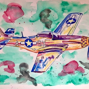 Stampa artistica di dipinto ad acquerello P51 Mustang - Aviation Art print - Aviation collectable