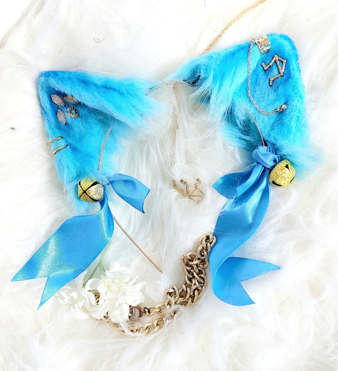 Cute Light Blue Cat Cosplay Ears With Golden Constelation Earrings and ...