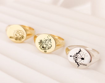 Custom Gold Signet Ring with Zodiac Sign, Personalized Pinky Signet Ring for Birthday Gifts for Her, Christmas Gifts for Woman