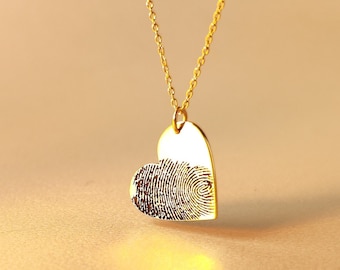 Personalized Your Fingerprint Necklace 14K Gold Plated, Custom Heart Pendant Necklace with Handwriting, Memorial Jewelry for Christmas Gifts