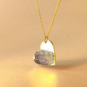 Collier coeur personnalisé avec empreinte digitale : argent sterling plaqué or 14 carats