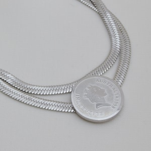 Queen Elizabeth Stainless Steel Coin Bracelet: Layered Herringbone Chain