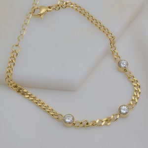 Diamond Station Bracelet, Diamond By The Yard Bracelet, 18K Gold Plated, Bezel Setting Jewelry in S.Steel, CZ Bracelet for Birthday Gift
