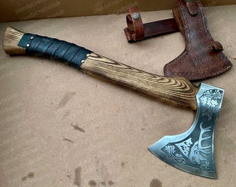 Hand-Forged Viking Bearded Axe, Carbon Steel Norse Battle Axe, Ash Wood Handle, Leather Sheath