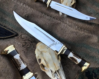 Ręcznie robiony nóż Bowie ze stali D2, 15-calowy uchwyt z rogu jelenia, mosiężna osłona, kolekcjonerski nóż myśliwski, prezent dla niego z dziczyzny Bowie