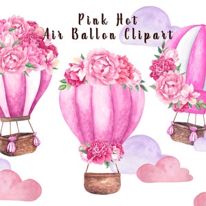 Pink Hot Air Balloon Clipart Set, Watercolor Flowers, Girl Baby Shower PNG, Nursery Kids Decor, Wall Art Stickers, Wild One