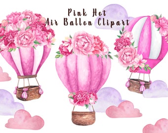 Conjunto de imágenes prediseñadas de globo aerostático rosa, flores de acuarela, PNG de baby shower para niña, decoración para niños de guardería, pegatinas de arte de pared, salvaje