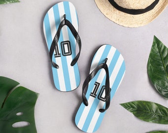Argentina 10 Soccer Football Jersey Flip Flops Sandals | Argentine Summer Beach Vacation Accessories Gift Idea For Argentinian Fútbol Fans