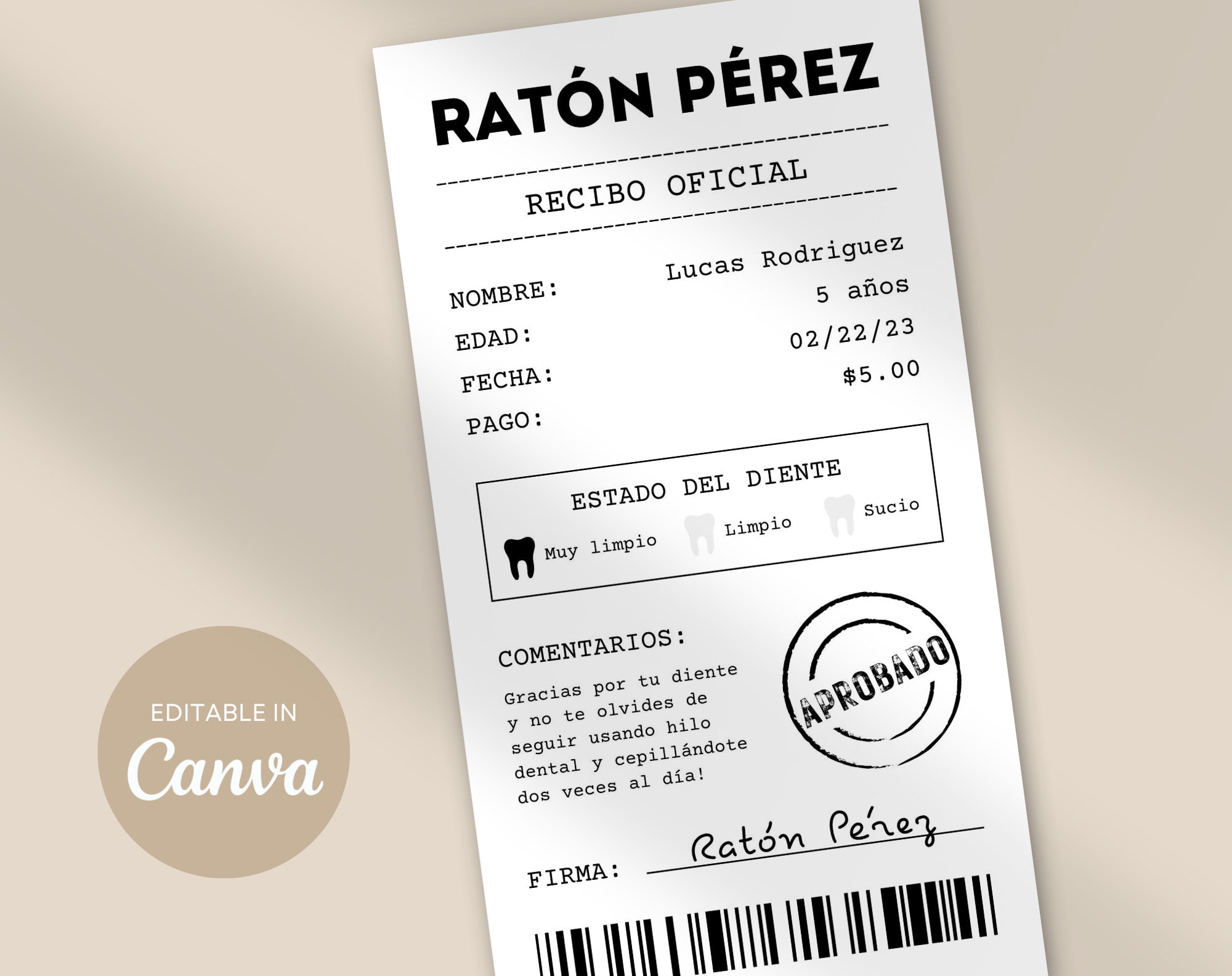 Editable Raton Perez Receipt Printable Certificate First - Etsy