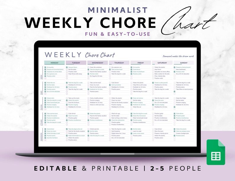 Weekly Chore Chart Google Sheets Template Editable Family Etsy