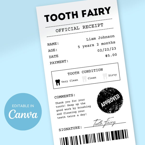 Editable Tooth Fairy Receipt, Printable Certificate First Tooth Lost Tooth Report, Realistic Tooth Fairy Letter, Daughter Tooth Fairy Letter