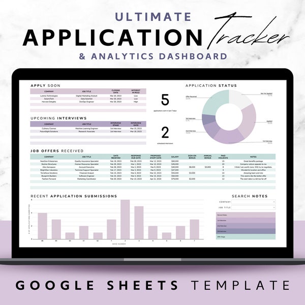 Outil de suivi des candidatures, modèle Google Sheets, planificateur d'entretiens d'embauche, feuille de calcul violette pour la recherche d'emploi automatisée, tableau de bord de soumission de CV