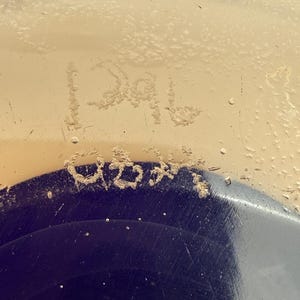 Op de afbeelding: Close-up van een getextureerd, lichtgekleurd oppervlak met het woord "1200" geschreven in een ruwe, getextureerde stijl. Een donkerblauwe, gebogen vorm is zichtbaar aan de onderkant van de afbeelding.