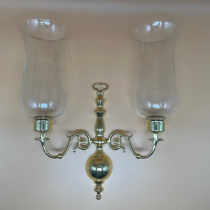Vintage Polished Brass Double Wall Mount Candle Scones Candelabra with Glass Shades