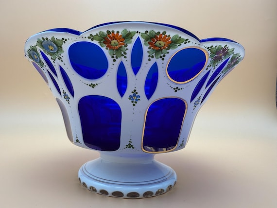 Antique Bohemian Pedestal Bowl – Cobalt Blue Cut to Clear with Floral Enamel