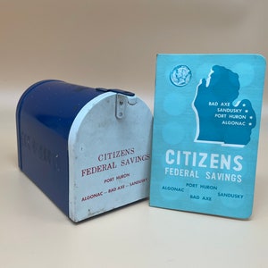 Vintage Blue, Red, and White Mailbox with Coin Holder Booklet - Citizens Federal Savings - Port Huron, Algonac, Sandusky & Bad Axe, MI