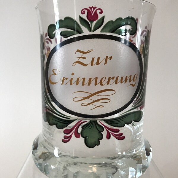 Crystal Glass Cup With Satin Oval With Painted Word Zur Erinnerung And Painted Flowers & Birds Freundschaftstasse, Freundschaftsbecher
