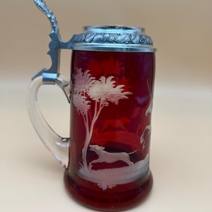 Antik Boho Rubin Flash Glas Stein, Graverad Ryttare, Jakthundar, Tennlock
