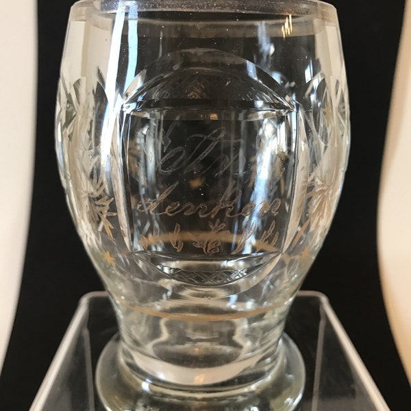 Bohemian Crystal Glass Cup Rectangle & Round Cuts "Andenken" Gold Decorations, Gold Rim, Freundschaftstasse