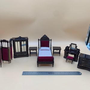 Dollhouse - 8 Piece Sonia Messer Victorian Rococo Bedroom Set - Bed, Nightstands, Dresser, Powder Table With Stool, Wardrobe, Folding Screen