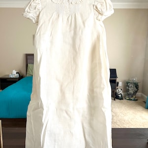Beautiful Vintage Victorian Style Short Sleeved Ivory Baby Christening Gown With Slip Inside, Lace Style, Embroidery And Buttons