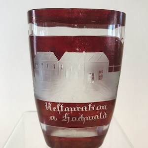 Ruby Oval Glass Beaker Flashed With Engraved Buildings On Front, Reflauration a Hochwald Egermann Style