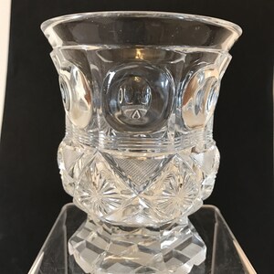Crystal Glass Cup With Heavy Cutting, Cut Base, 6 Circles In Squares Around Top With AK Engraved in 1 Circle, Starburst Cuts