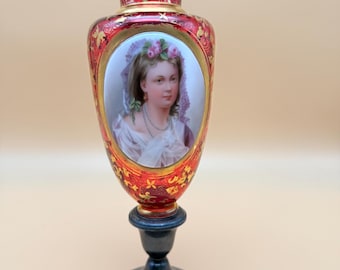 Antique Opal Over Cranberry Glass Vase with Hand-Painted Floral Panel and Bronze Base