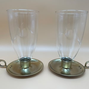 Pair of Brushed Antiqued Brass Candlestick Holder with Drip Tray, Chamberstick with Glass Shades