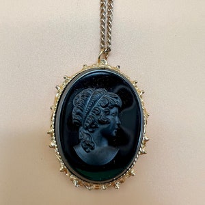 Vintage Black Cameo Victorian Woman With Gold Border And Gold Chain Necklace Romantic Jewelry