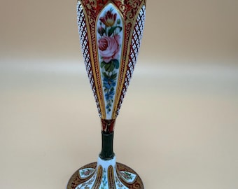 Antique Bohemian Cranberry Cut Glass Vase, Hand-Painted Floral Panels, Moser Style Pedestal