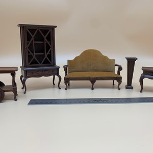 Sonia Messer Italian Handcarved Walnut 5 Piece Living Room Set - Sofa, China Cabinet, Tea Table, Deluxe Tea Cart & Pedestal Plant Stand