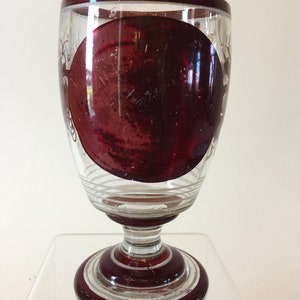 Crystal Glass Cup With Dark Red Flashed Round Plain Panel, Leaves & White Paint Decor And Lines Egermann Style Freundschaftstasse