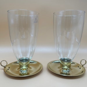 Pair of Polished Brass Candlestick Holder with Drip Tray, Chamberstick with Glass Shades