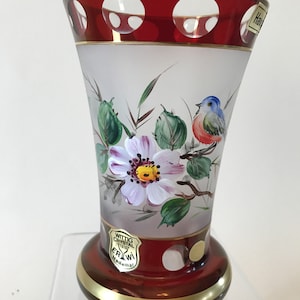 Satin Band Around Center Glass Cup With Paint Flower And Bird Ruby Flashed Over Crystal Freundschaftstasse, Freundschaftsbecher