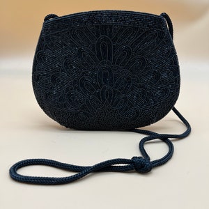 Beautiful Black Zippered Beaded Purse With Black Corded Strap