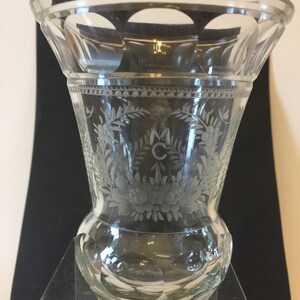 Crystal Bohemian Glass Cup With Engraved Flowers, Leaves And MC Initials Freundschaftstasse, Freundschaftsbecher