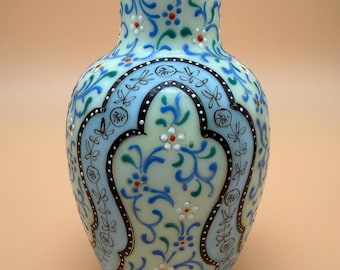 Vase vintage en verre émaillé peint à la main : art floral bohème, 6,75 po.