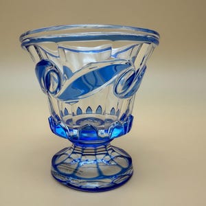 Bohemian Blue Cut-to-Clear Art Glass Vase – Czech Crystal Pedestal Bowl – Vintage Style Centerpiece