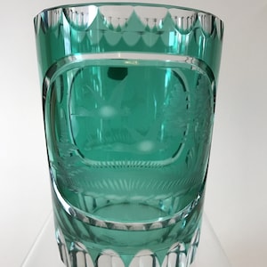 Aqua Green Cased Glass Cup With Engraved Deer & Birds In Flight by Alfred Taube Freundschaftstasse, Freundschaftsbecher