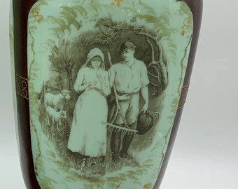 Bohemian Jadeite Glass Vase With Hand Painted Couple, Trees Brown Overlay