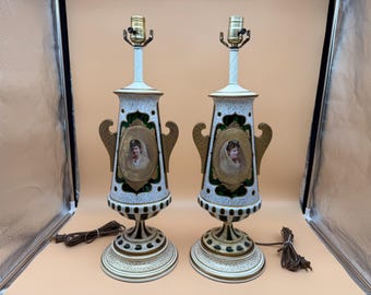 Antique Victorian Portrait Lamps Pair Hand Painted Glass Metal Filigree Ornate Table Lamps Vintage Boudoir Lighting