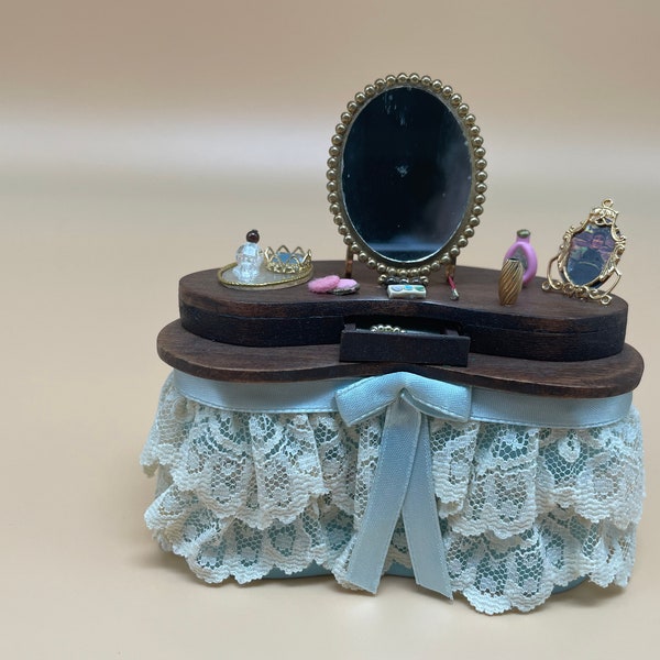 Vintage Dollhouse Miniature Vanity Dressing Table, Blue Fabric, White Ruffles, Mirror, Cosmetic Items, Scale 1:12