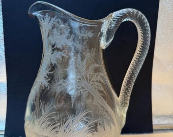 Victorian Engraved Glass Pitcher, Woodland Landscape with Foxes & Ducks, Twisted Applied Handle, Antique Art Glass